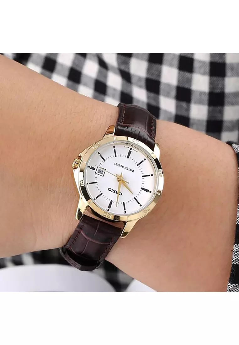 Couple Analog Watch MTP/LTP-V004GL-7A Brown Leather Strap
