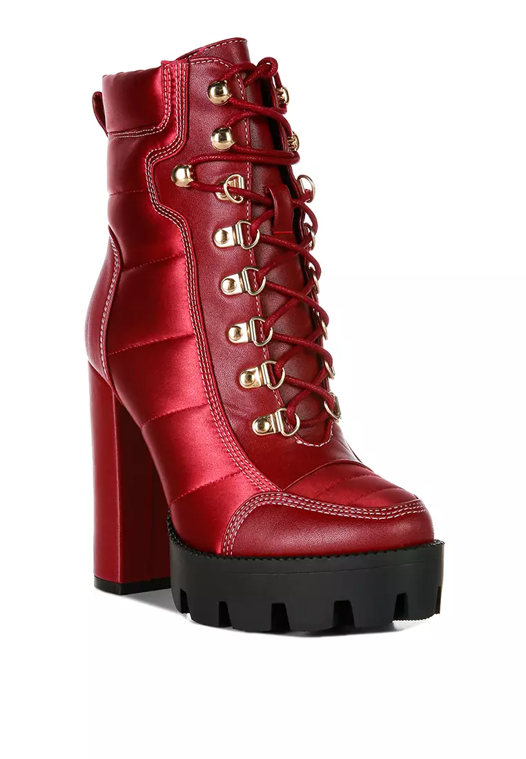 Buy London Rag Burgundy High Heel Quilted Satin Biker Boots 2024
