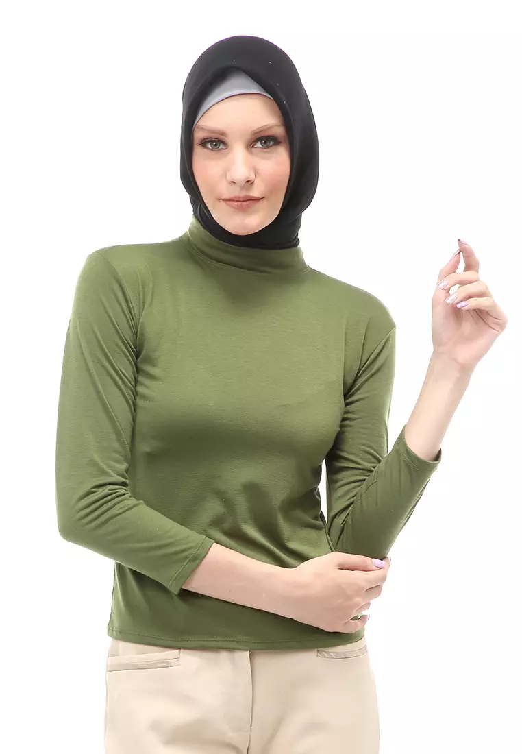 Sabrina Manset Kaos Muslimah Atasan Wanita Long Sleeve Polos Relaxed Fit - Army