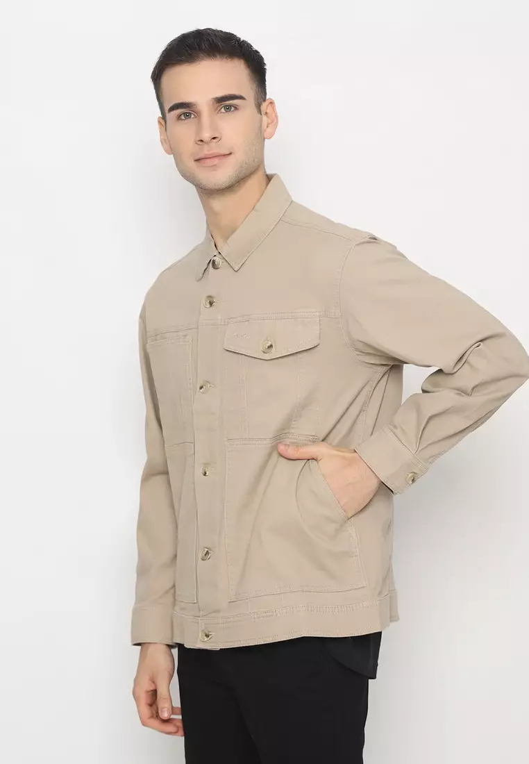 POLICE Kemeja Polos Semi Jaket Light Khaky Regular Fit Lengan Panjang Pria