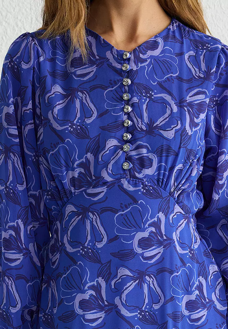 Floral Patterned Slim Fit Lined Elastic Back Chiffon Woven Dress