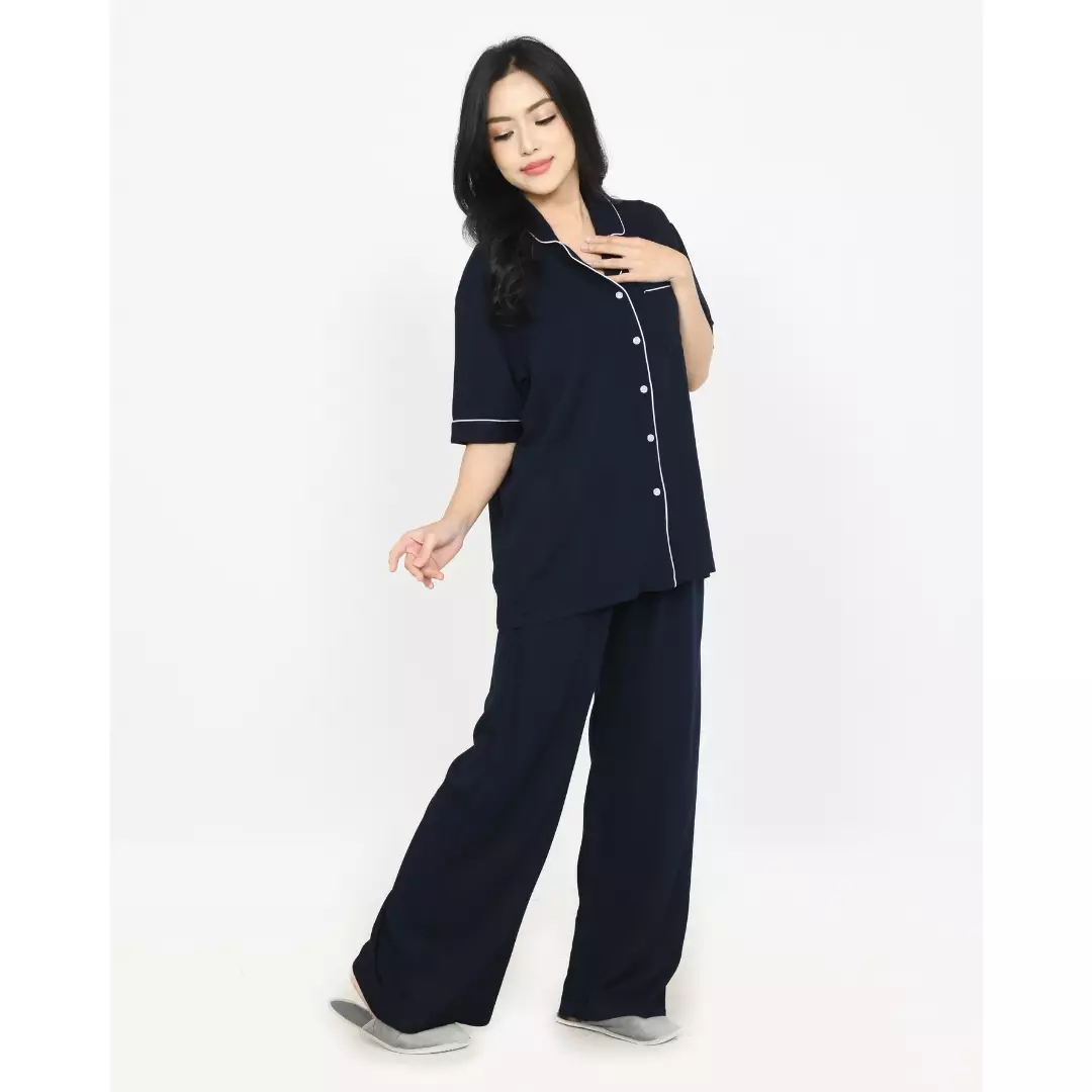 Piyama Cotton Rhena [BIRU] SIZE M-XXL Baju Tidur Short Sleeve Long Pants Sleepwear