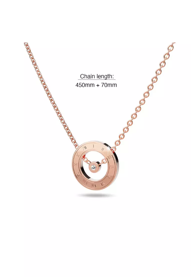 Roman Numerals Halo Pendant Necklace in Rose Gold Plated Titanium with Genuine 0.005ct Diamond