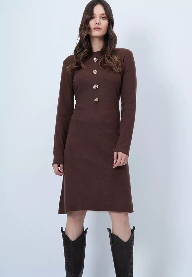 Crew Neck Button Detailed Midi Length Knitwear Dress