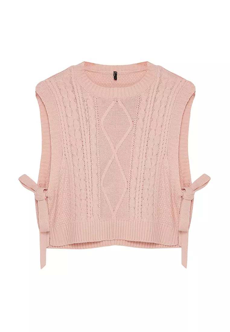 Pink Crop Side Ribbon/Bow Tie Detailed Knit Sweater TWOAW22SV0058