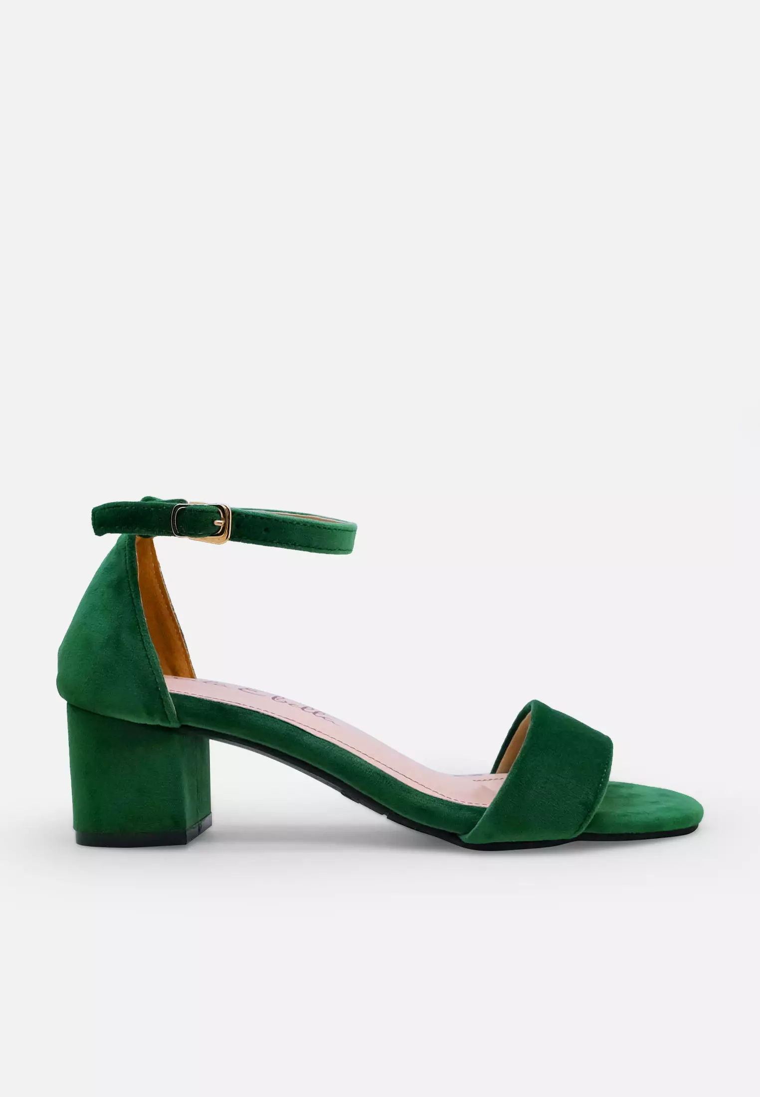 Blanche Ankle Strap Sandal Block Heels Wanita Suede Velvet