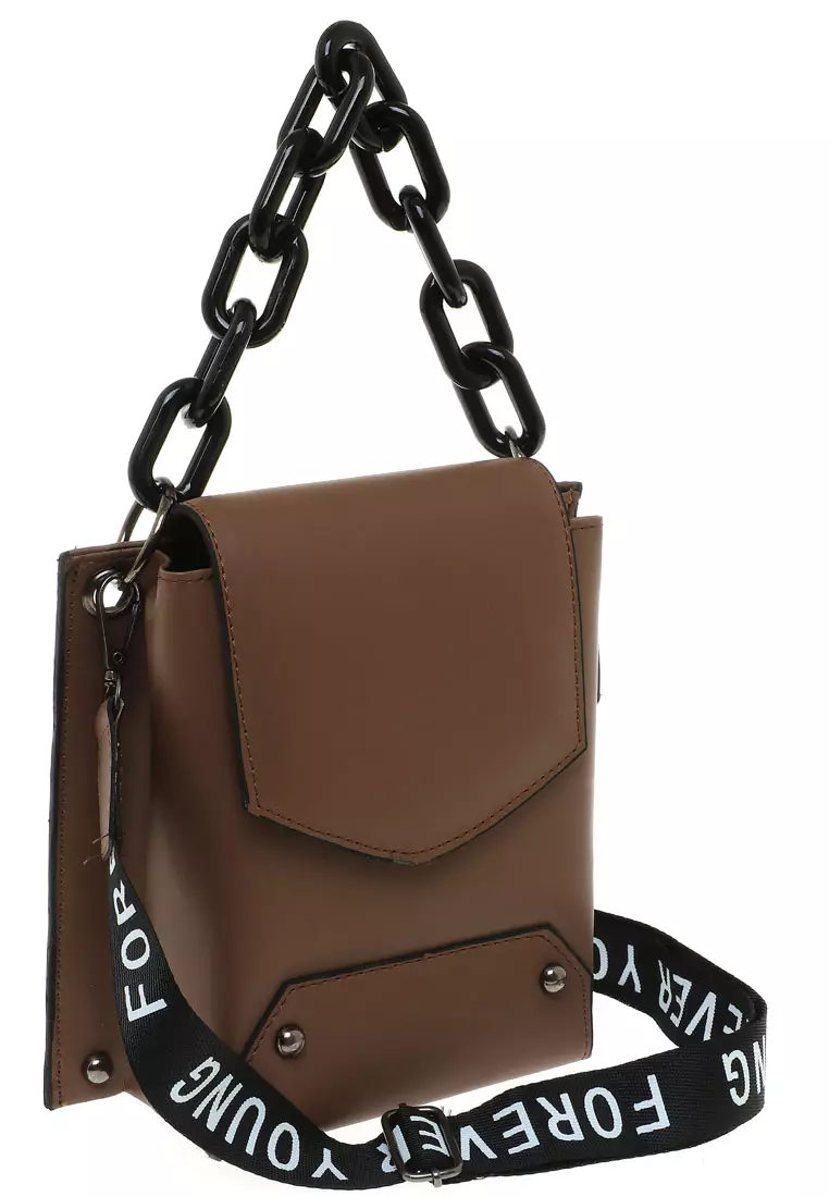 Xena Slingbag Wanita Tali Rantai Motif Polos High Quality Premium - Brown