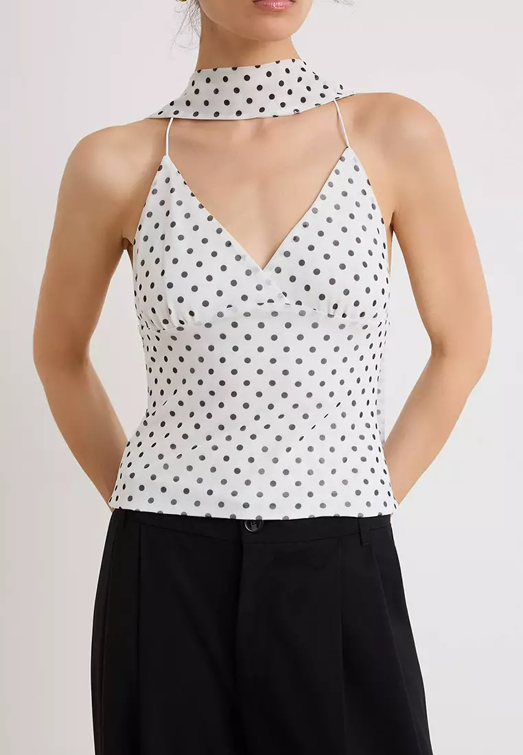 Multi-Colored Polka Dot Pack Fitted Halter Neck Tie-Detail Accessory Detail Tulle Knitted Blouse Twoss26Bz488