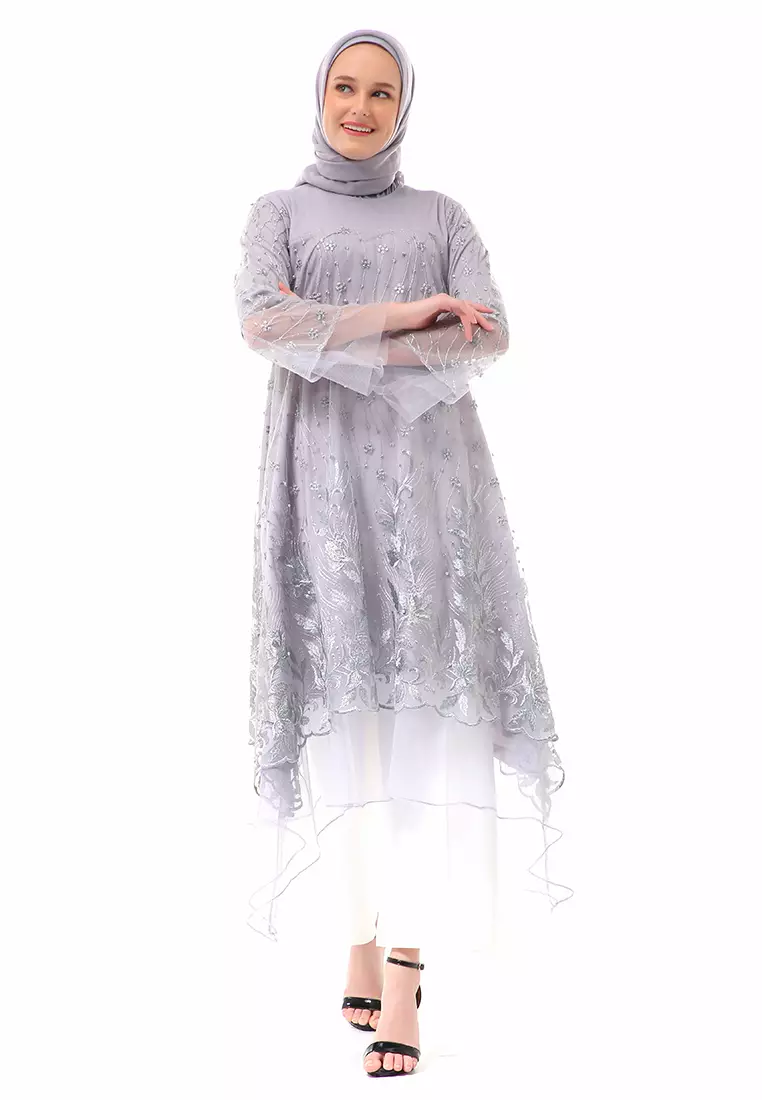 Laika Dress Muslimah Brukat Long Sleeve High Quality Premium Wanita - Gray