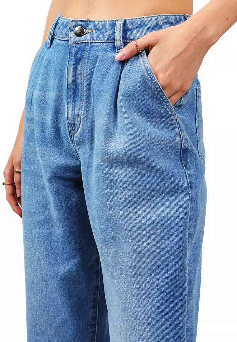 High Waisted Balloon Fit Denim Jeans with Pleats