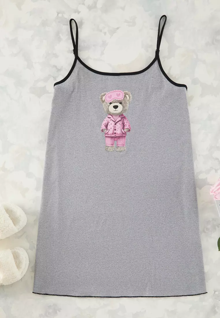 Teddy Bear Printed Thin Straps Nightgown