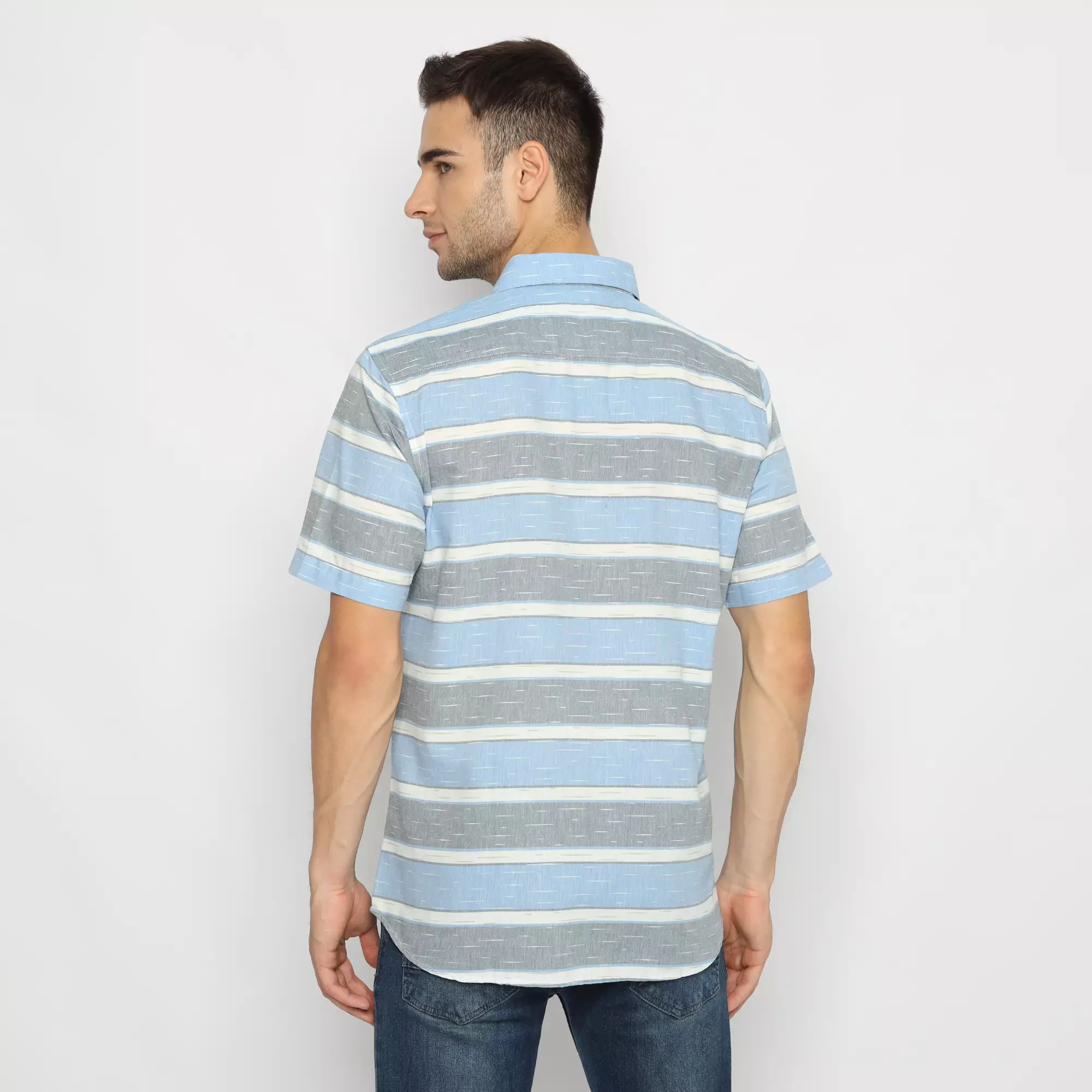 Platini Kemeja Motif Salur Pria Lengan Pendek Katun Biru Tua 73265