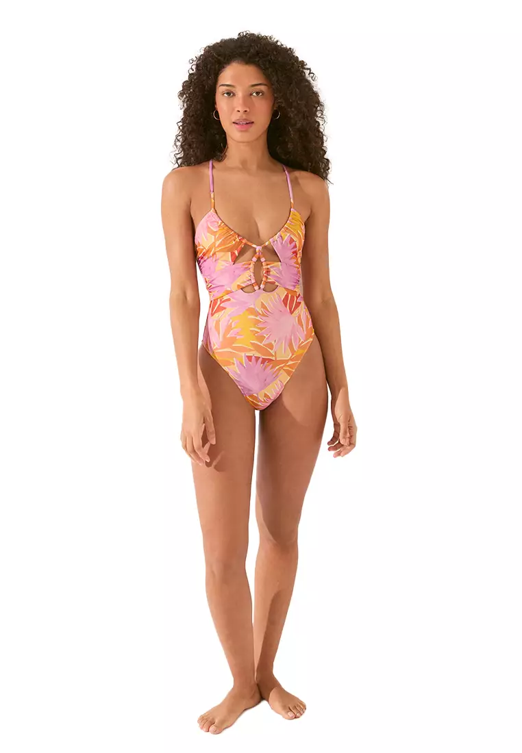 Bandeau Swimsuit "Cut Outs" Tropical Print