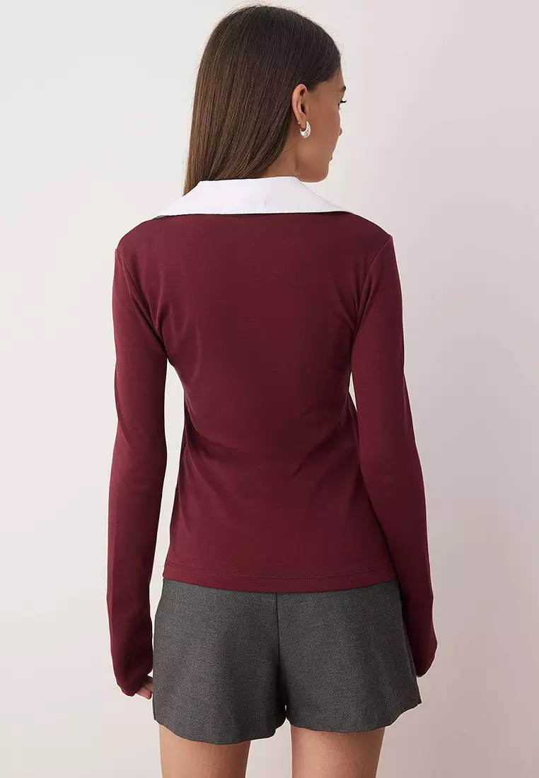Burgundy Woven Detailed Shirt Collar Regular/Normal Pattern Knitted Blouse
