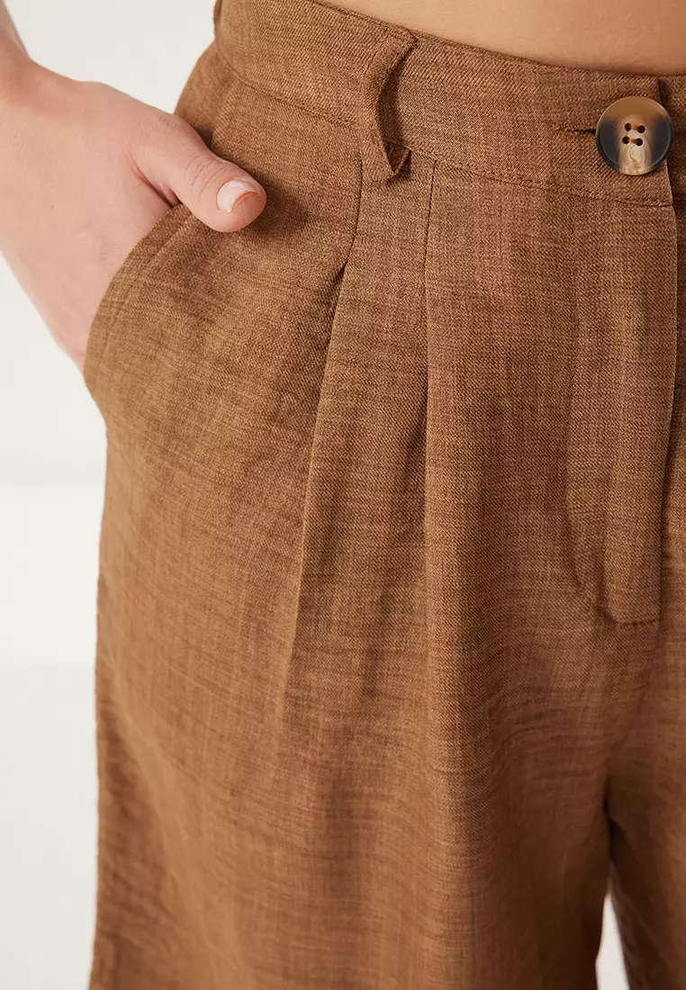 Brown High Waist Linen Look Wide Leg Shorts Woven Shorts