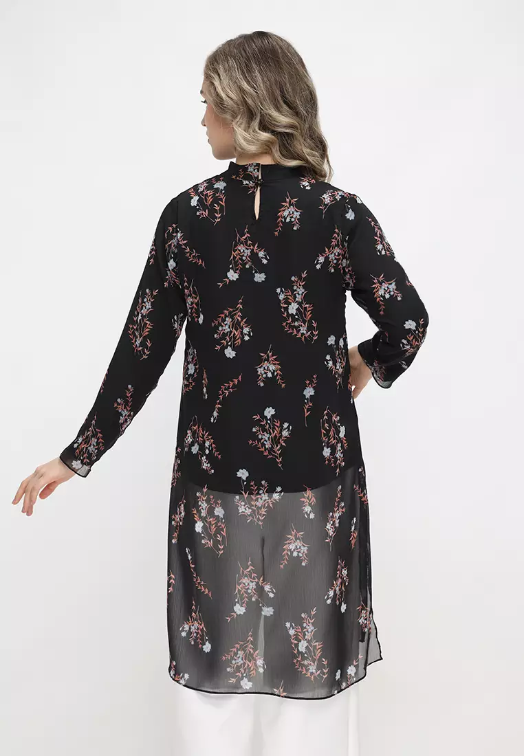 Tunik Floral Motif Long Sleeve Black By Brilliant Girl Warna HITAM