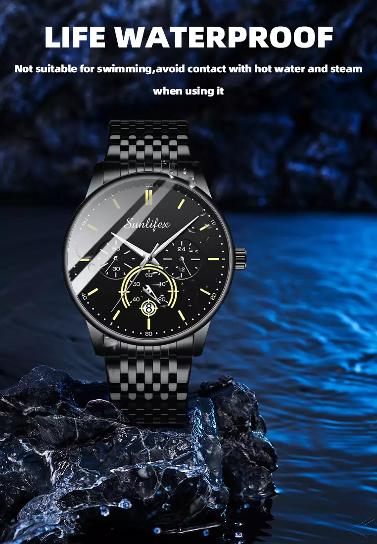 Jam Tangan Pria Original Bisnis Anti Air Kuarsa Jam Pria Calendar Tali Stainless Steel Jam Tangan Cowok 9007 black yellow