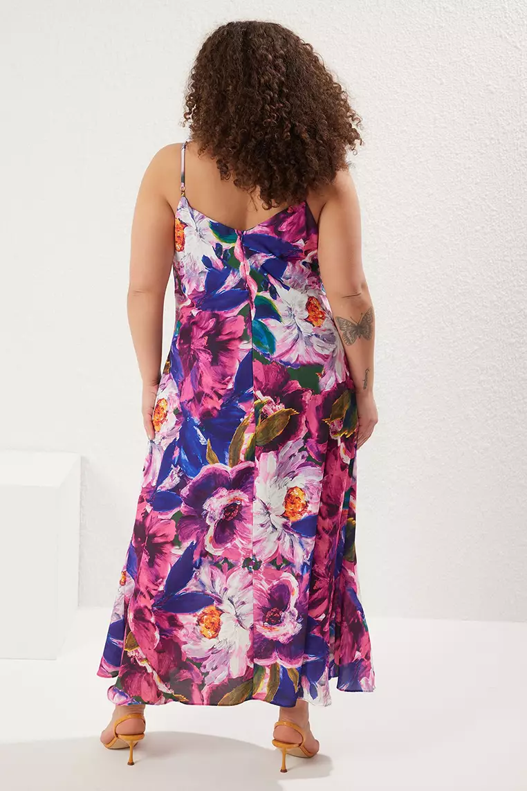 Multi-Colored Floral Adjustable Satin Maxi Woven with Straps Plus Size Dress