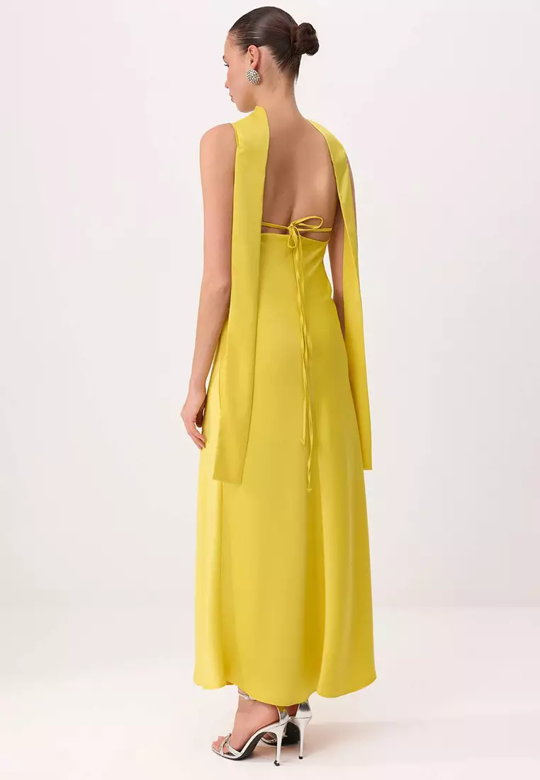 Light Yellow Plain Scarf Woven Satin Maxi Lined Stylish/Evening Dress