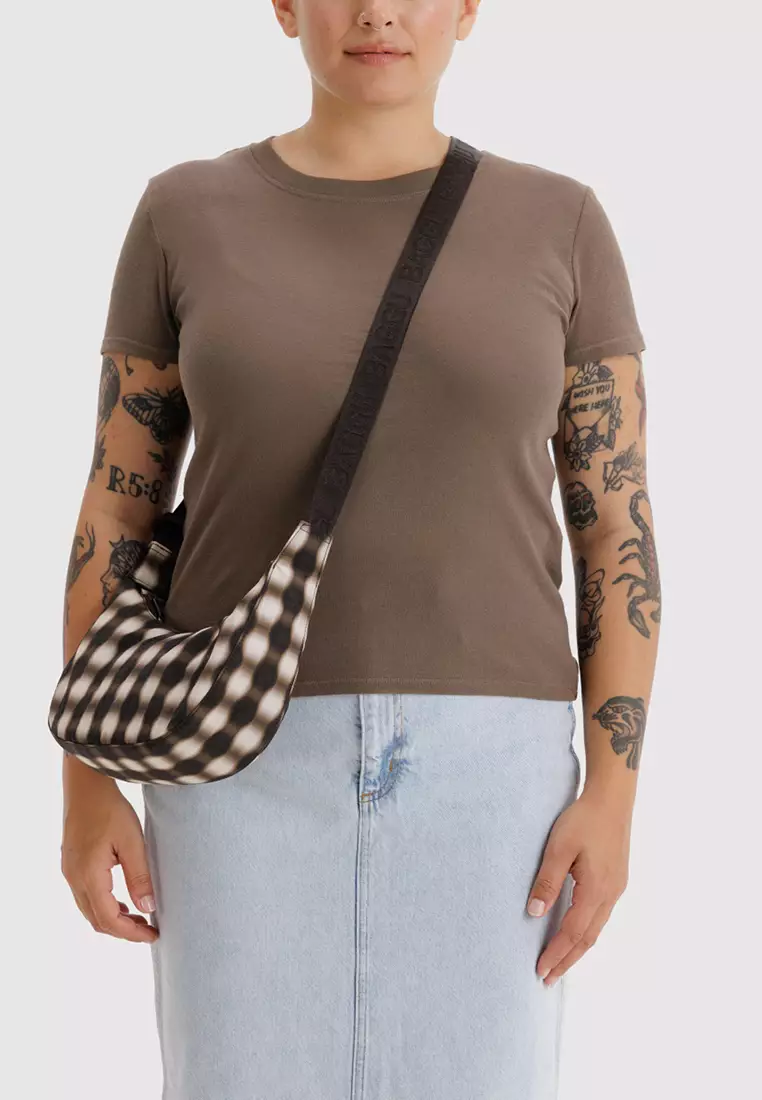 BAGGU - Small Nylon Crescent Bag - Blurred Gingham Brown