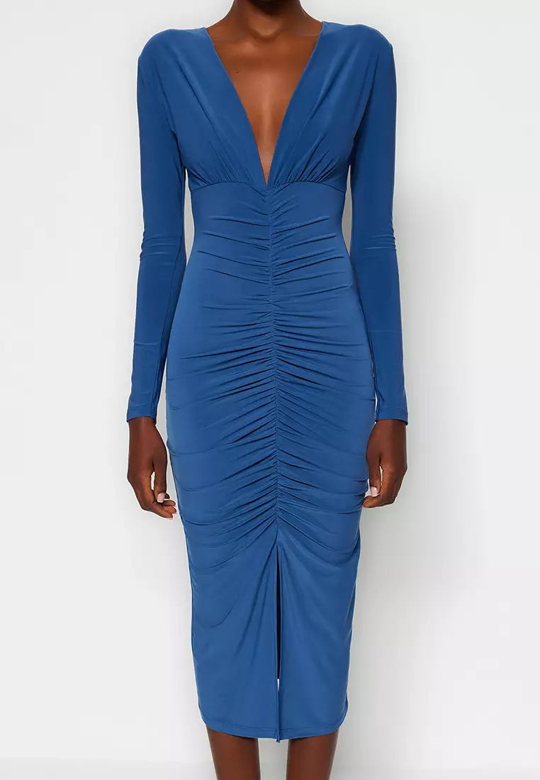 Fitted V-Neck Ruched Midi Dress