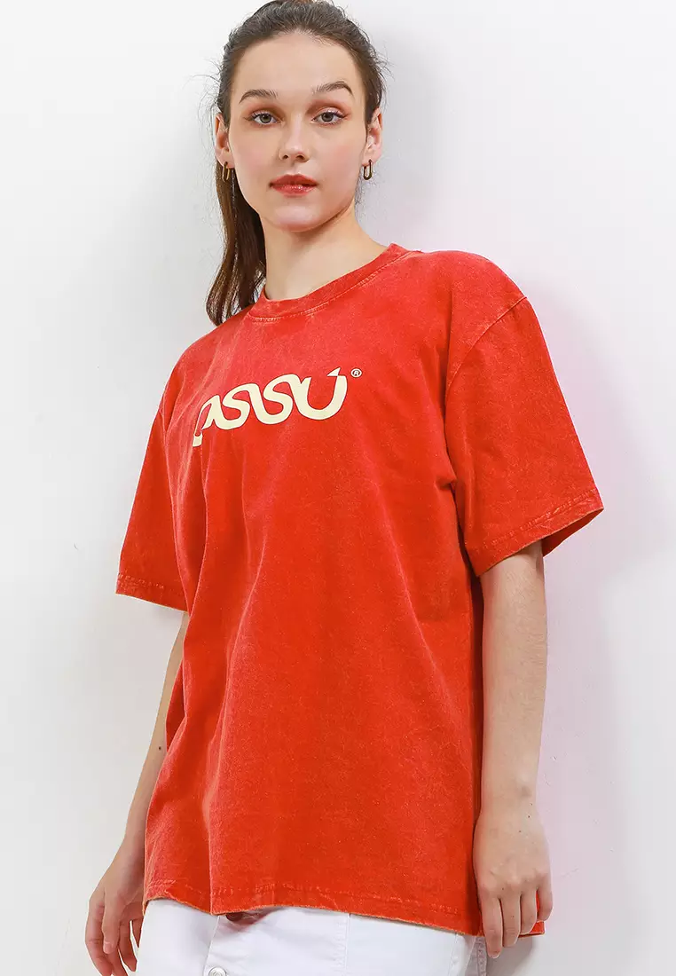 Ossu T-Shirt Oversize Acid Wash Ossu Logo Basic Red Cotton Combed