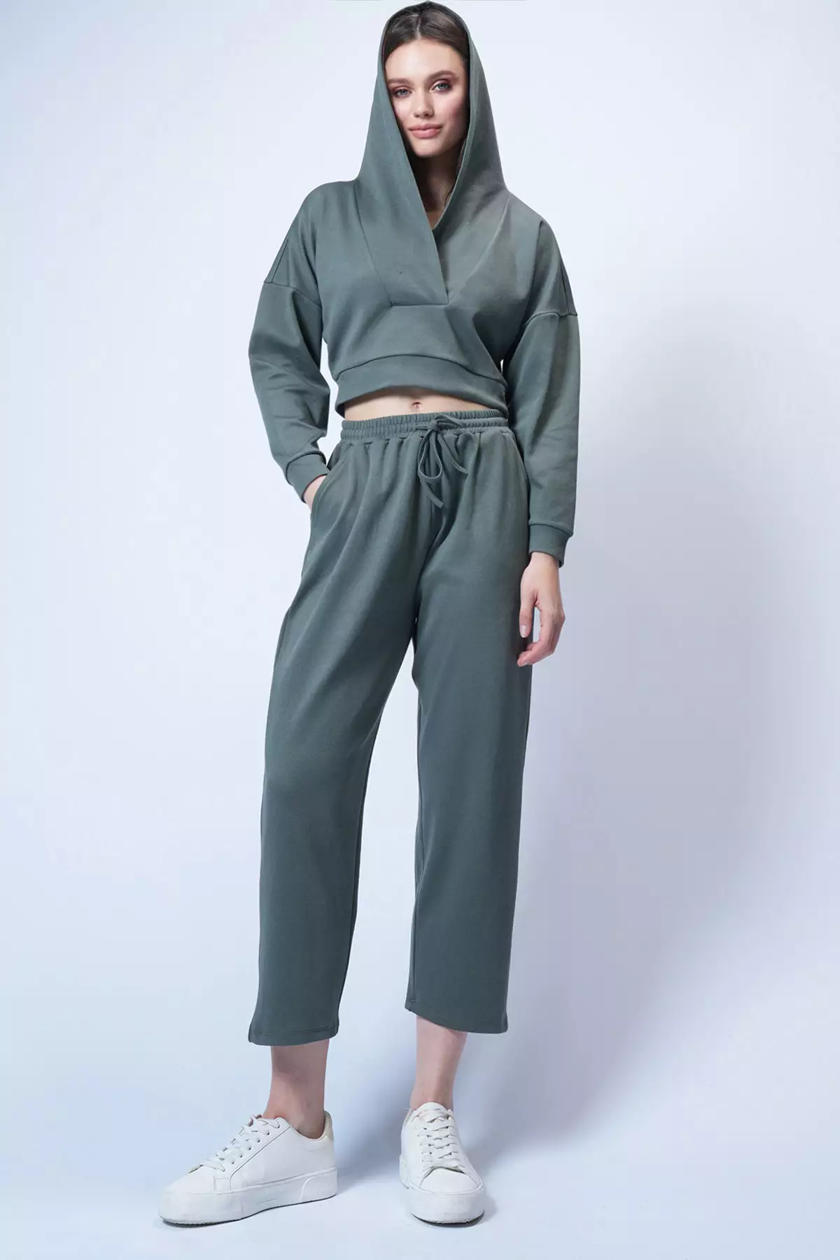 Walnut Green Double Breasted Collar Hooded Modal Suit - Alc-X13268