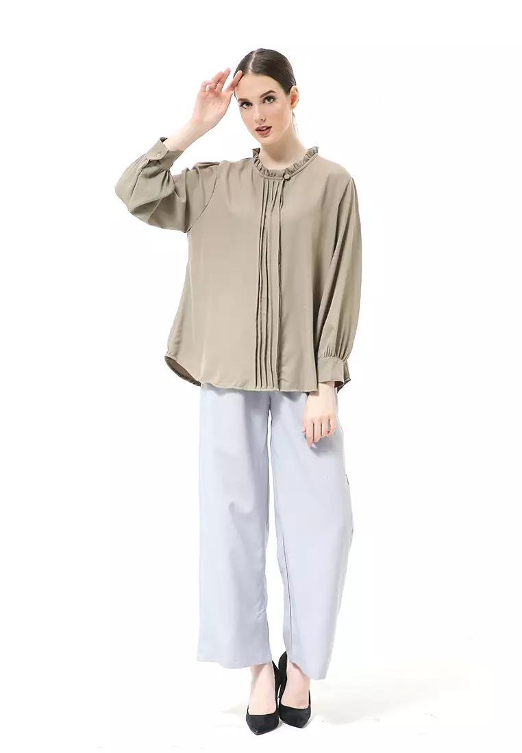 Vionka Kemeja Atasan Wanita Opnaisel Motif Polos - Army