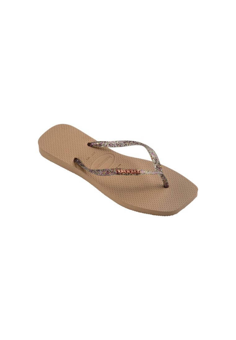 Women Slim Square Logo Metallic Flip Flops - Rose Gold
