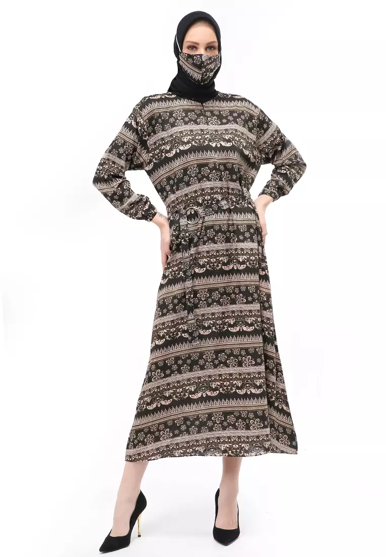 Dahlia Gamis Dress Motif Batik Wanita Muslimah Relaxed Fit - Black