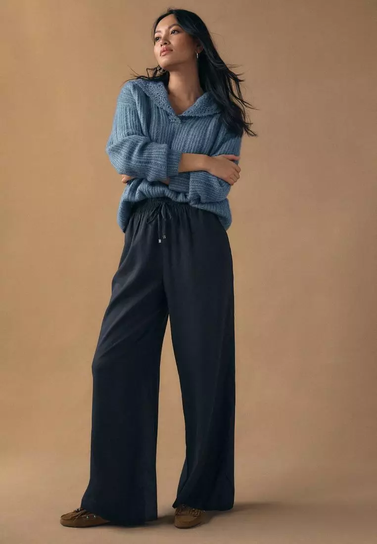 Pull On Wide Leg Trousers With Linen