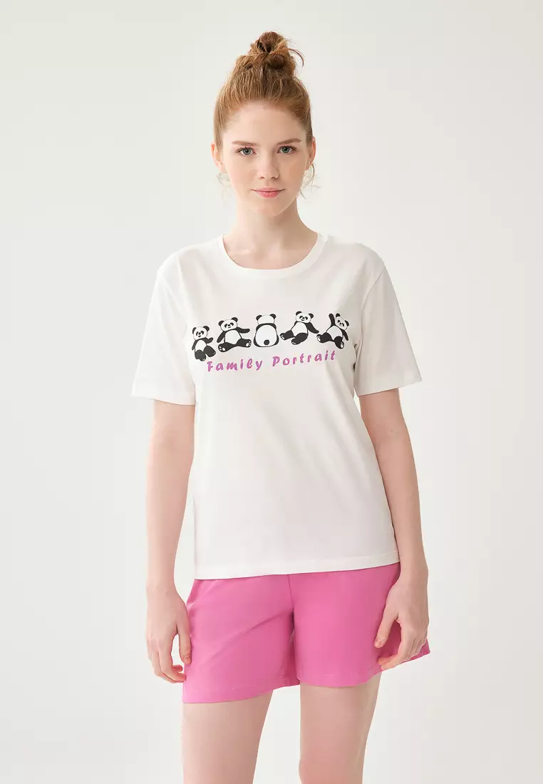 DAGİ Ecru Short Pyjama Set, Animal Print, Crew Neck, Normal Fit, Wide