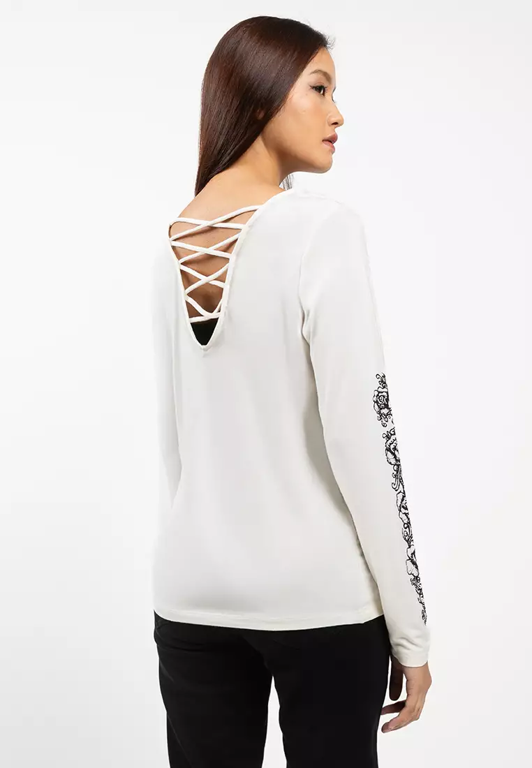 Harley-Davidson® Women's Bling Chrome & Roses Long Sleeve Laced Back V Neck Tee - Cloud Dancer
