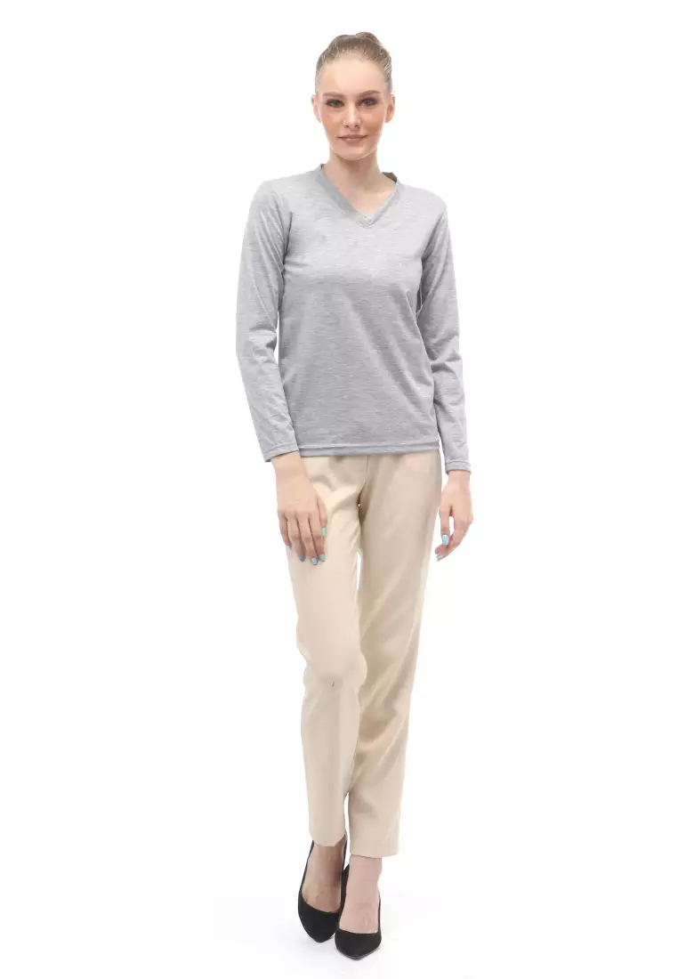 Kaos Polos Atasan Wanita V-Neck Lengan Panjang Design Simple Relaxed Fit - Abu Muda