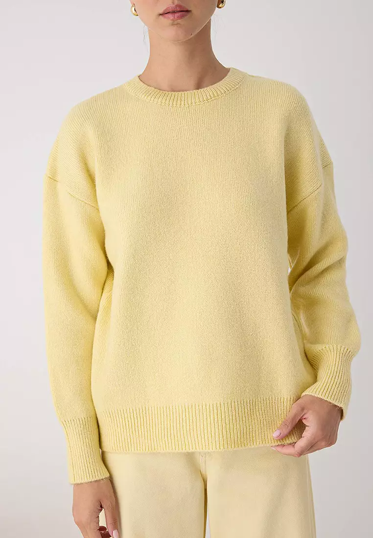 Yellow Woolen Premium Yarn/Special Yarn Basic Wide Fit Knitwear Sweater