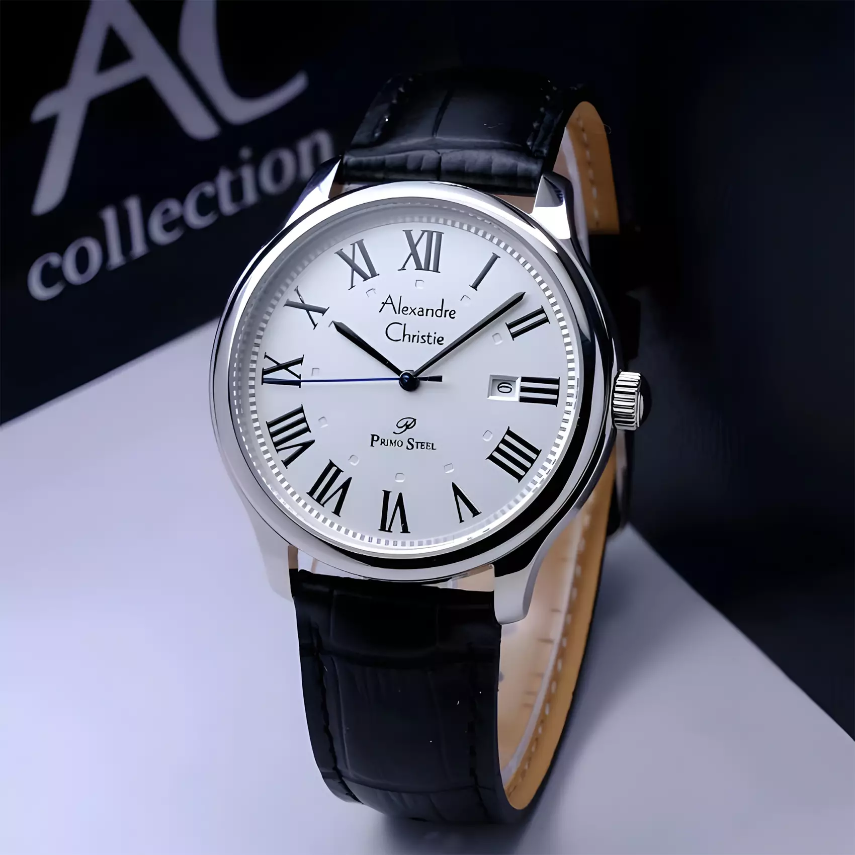 Alexandre Christie Primo Steel - Jam Tangan Couple Pria Wanita - Silver Case - Black Leather Strap - 1042 MLDLSSSL