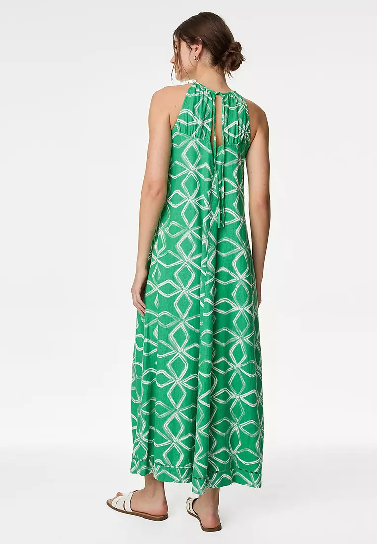 Linen Rich Printed Halter Neck Maxi Dress