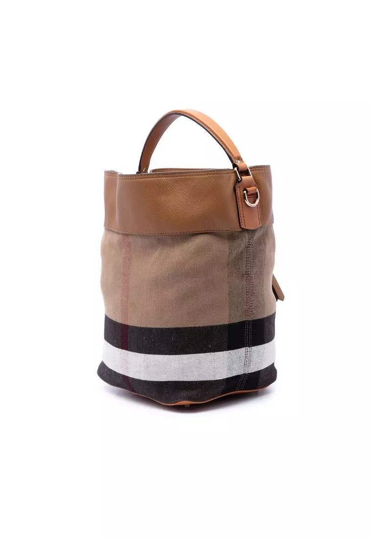Pre-Loved Burberry Medium Mega Check Canvas And Grained Calfskin Ashby Tassel Bucket Bag