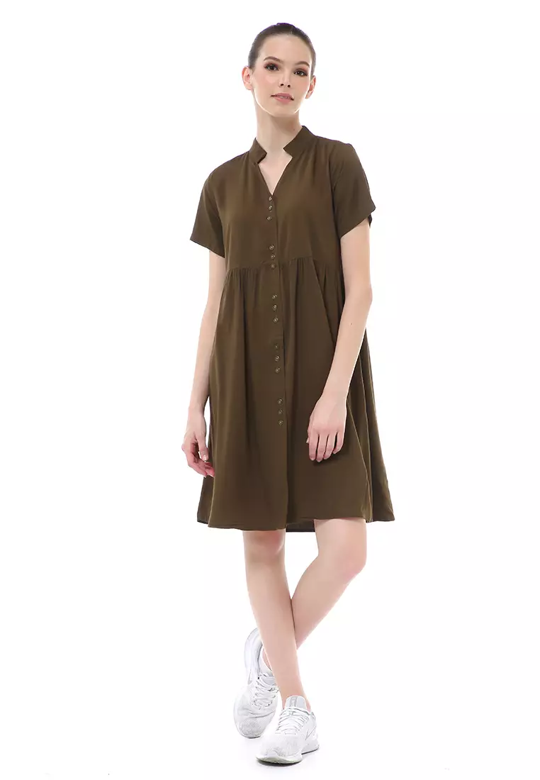 Rachel Dress Wanita Lengan Pendek Full Kancing Stylish Material Cotton ORIGINAL - Army Green