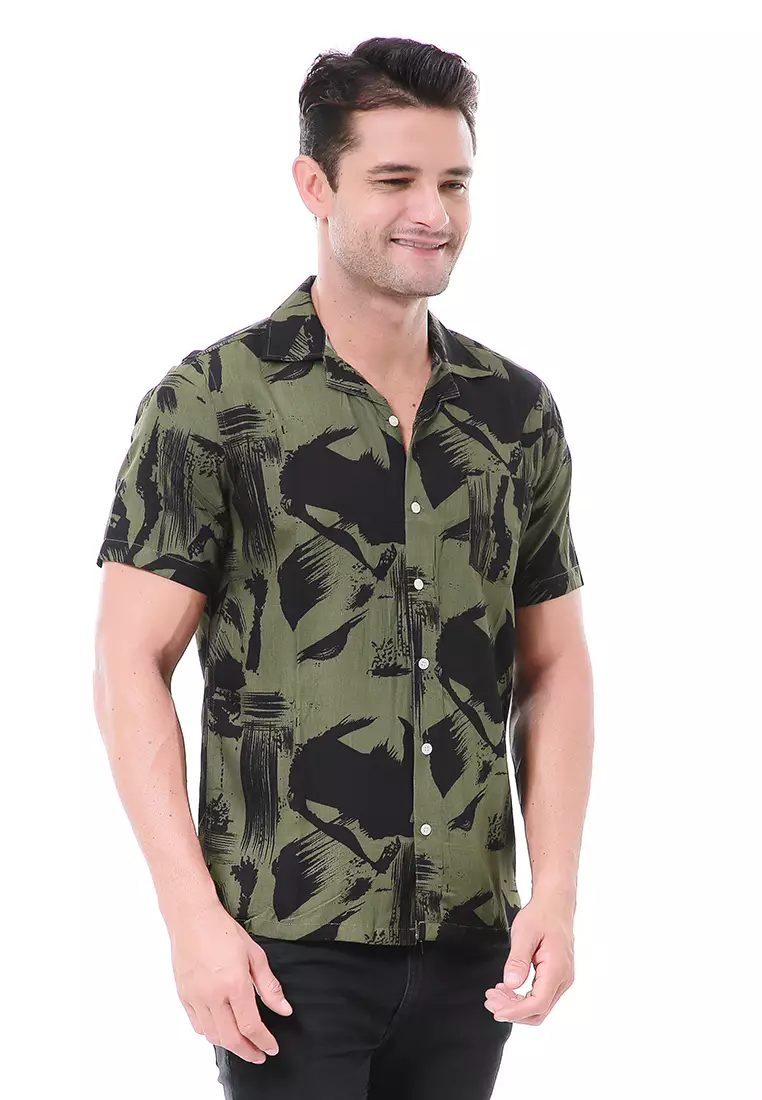 Leopold Kemeja Printing Pria Abstrack Motive Lengan Pendek Material Rayon ORIGINAL - Green Black
