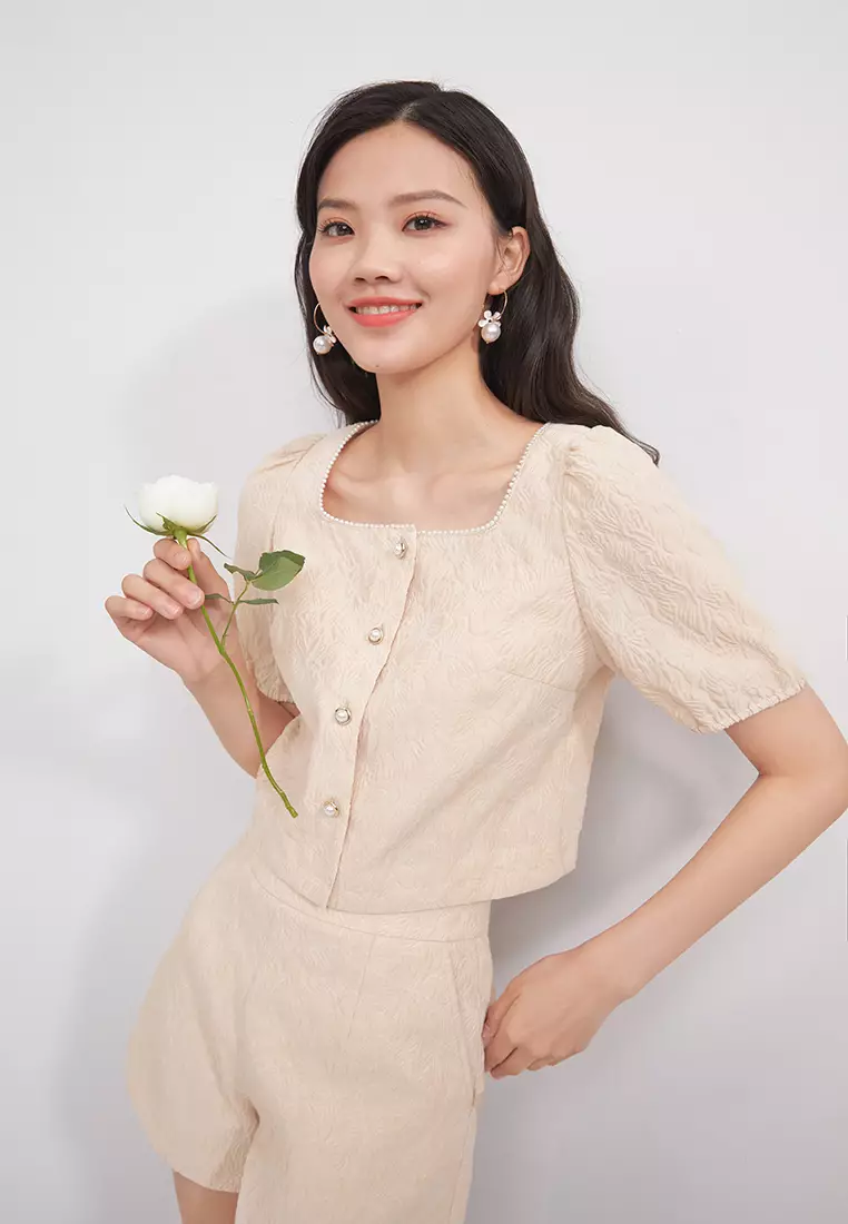 Square Collar Floral Embossed Blouse