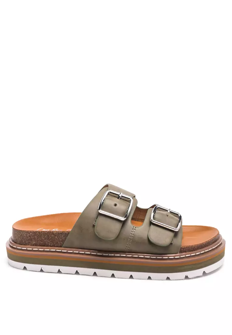 Discount on London Rag  shoes - SKU: Buckled Platform Slides In Olive