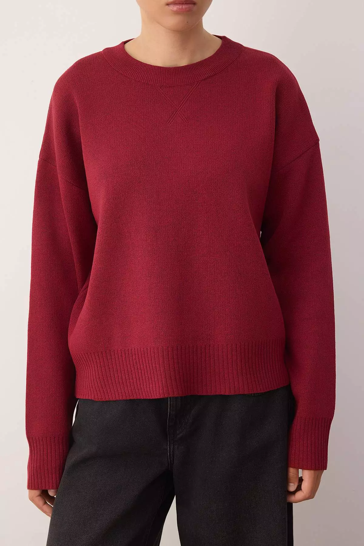 Dark Red Viscose Content Wide Pattern Basic Knit Sweater