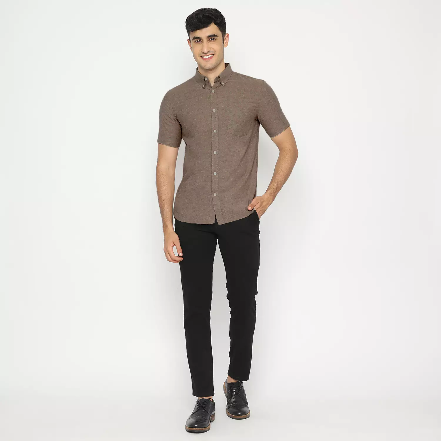 Platini Kemeja Pria Polos Lengan Pendek Katun Oxford COKLAT MUDA 1069