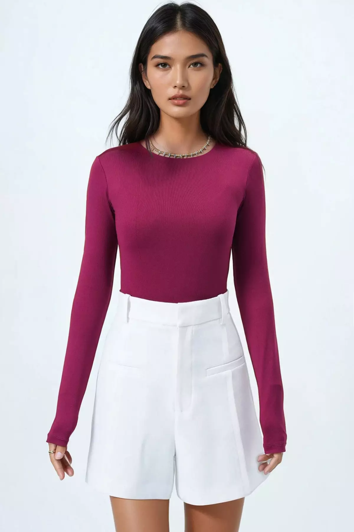 Women's Burgundy Crew Neck Overalls With Snap Buttons On The Bottom Blouse Alc-X14388