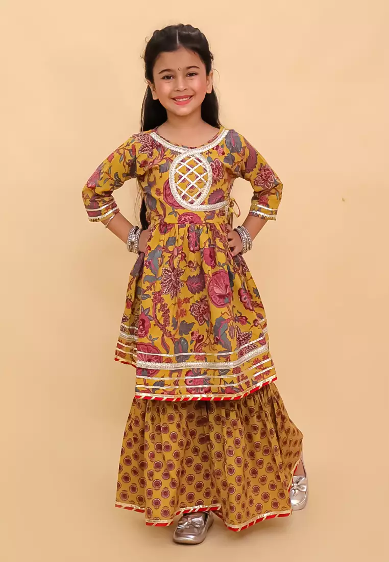 The Mom Store Peele Phool Block Print Girls Anarkali Sharara Set - Multi