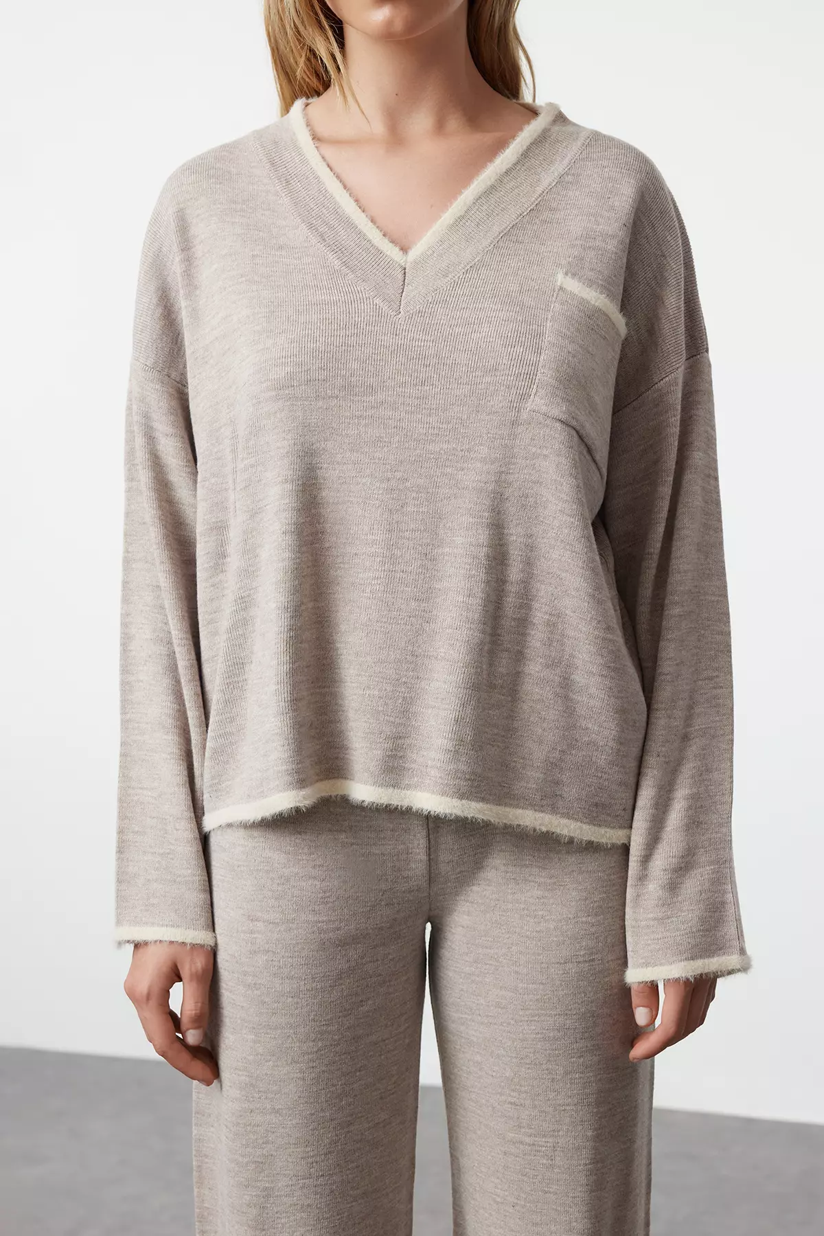 Mink Wide Pattern Hairy Yarn Garnished Knitwear Bottom-Top Set TWOAW24AU00099