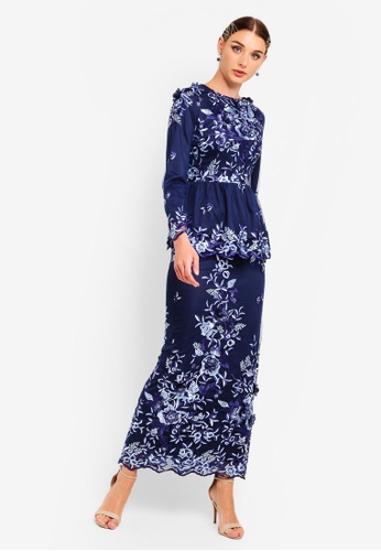 Embroidered Lace Straight Sleeves Peplum Set from Zalia in Blue