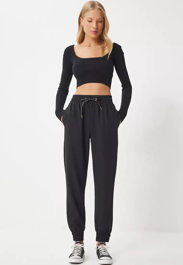 Black Cord Belted Woven Jogger Tracksuit Pants