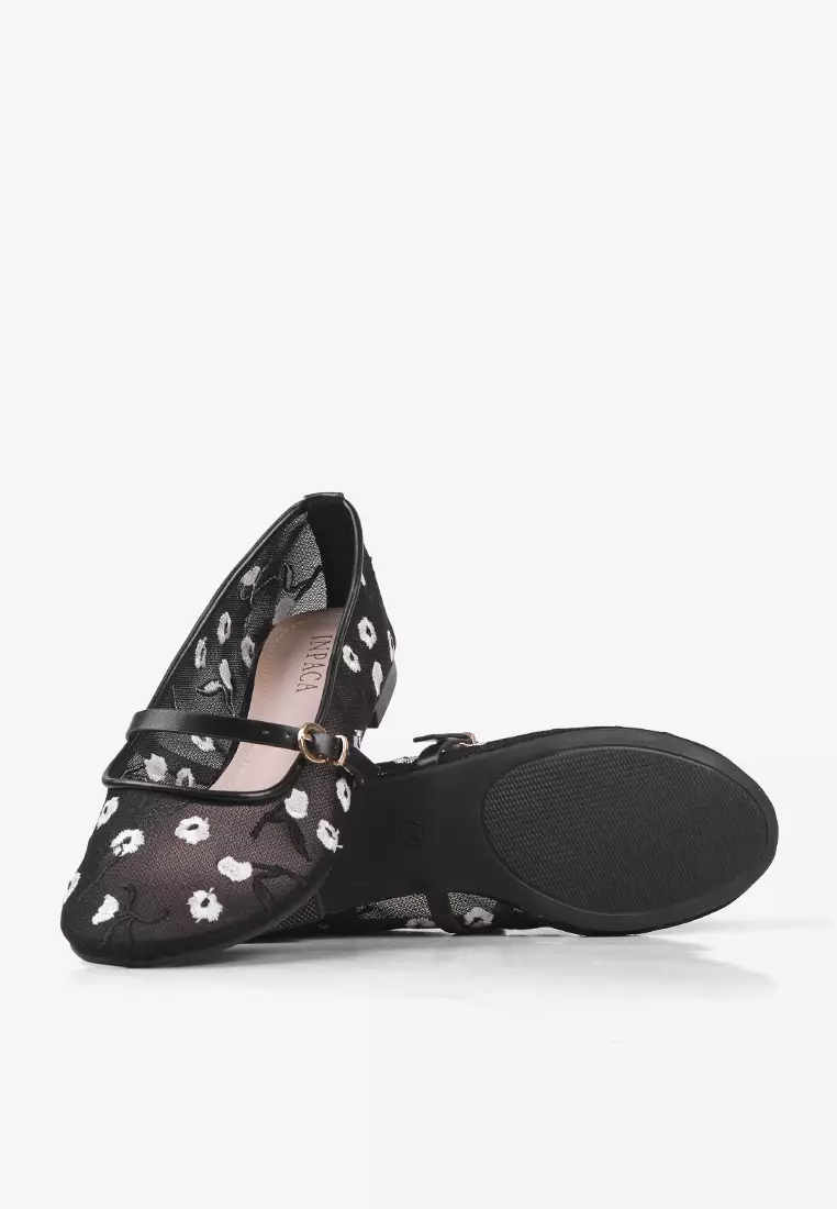 Eloise Mary Jane Mesh Flat Shoes Embroidery Flower Ballerina Black